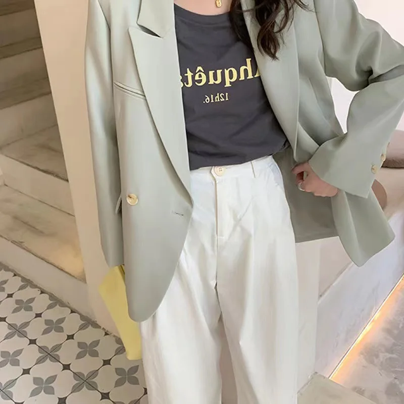 2022 Korea Women Chic Office Lady Double Breasted Blazer Vintage Green Coat Fashion Notched Collar Long Sleeve Ladies Outerwear