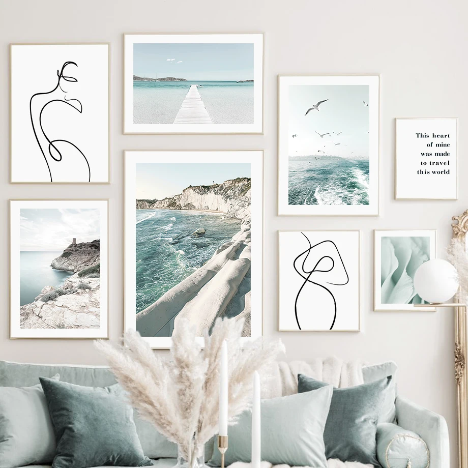 

Beach Island Reed Seagull Black White Line Quote Wall Art Canvas Painting Nordic Posters And Prints Wall Picture For Living Room