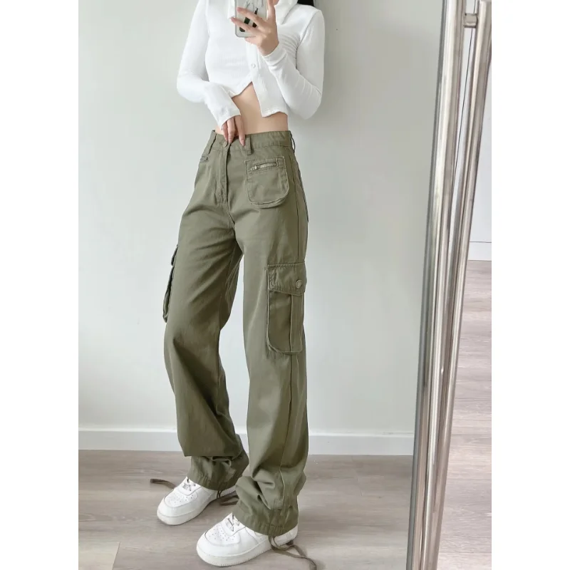 Bmissingyou Army Green Cargo Jeans Women With Pocket High Waist Harajuku Streetwear Wide Leg Pants Full Length White Trousers