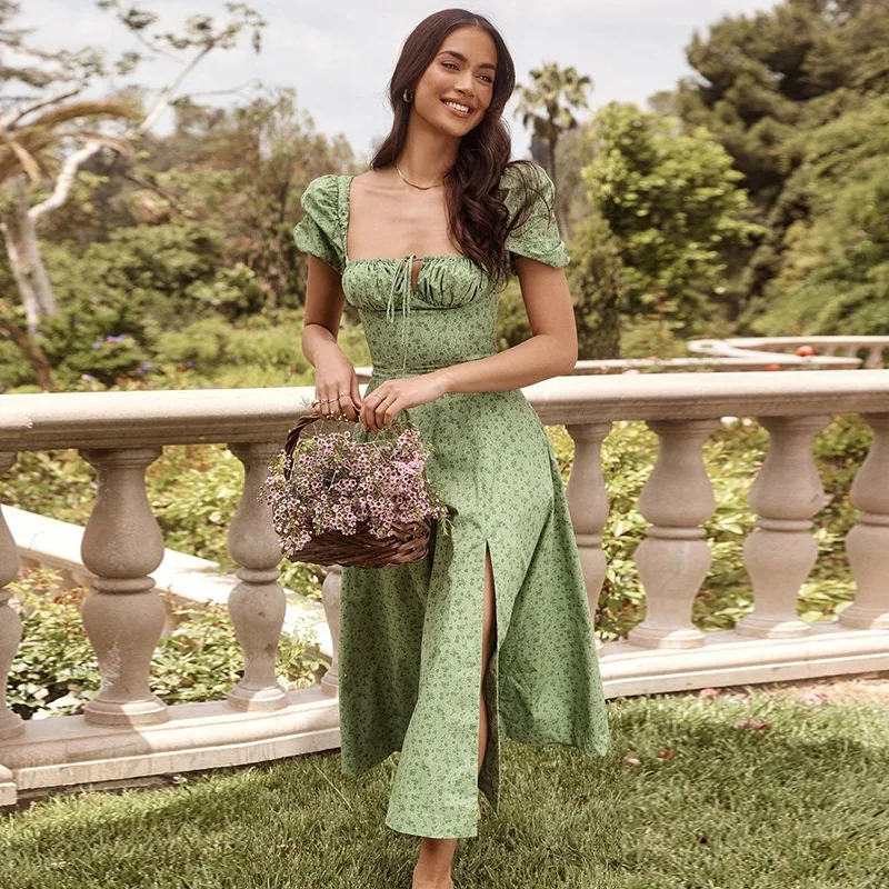 

Wepbel Summer Floral Dress Retro Puff Sleeve Floral Tie-Neck High Slit Long Dress Slim Fits High Waist Long Cute French Dress