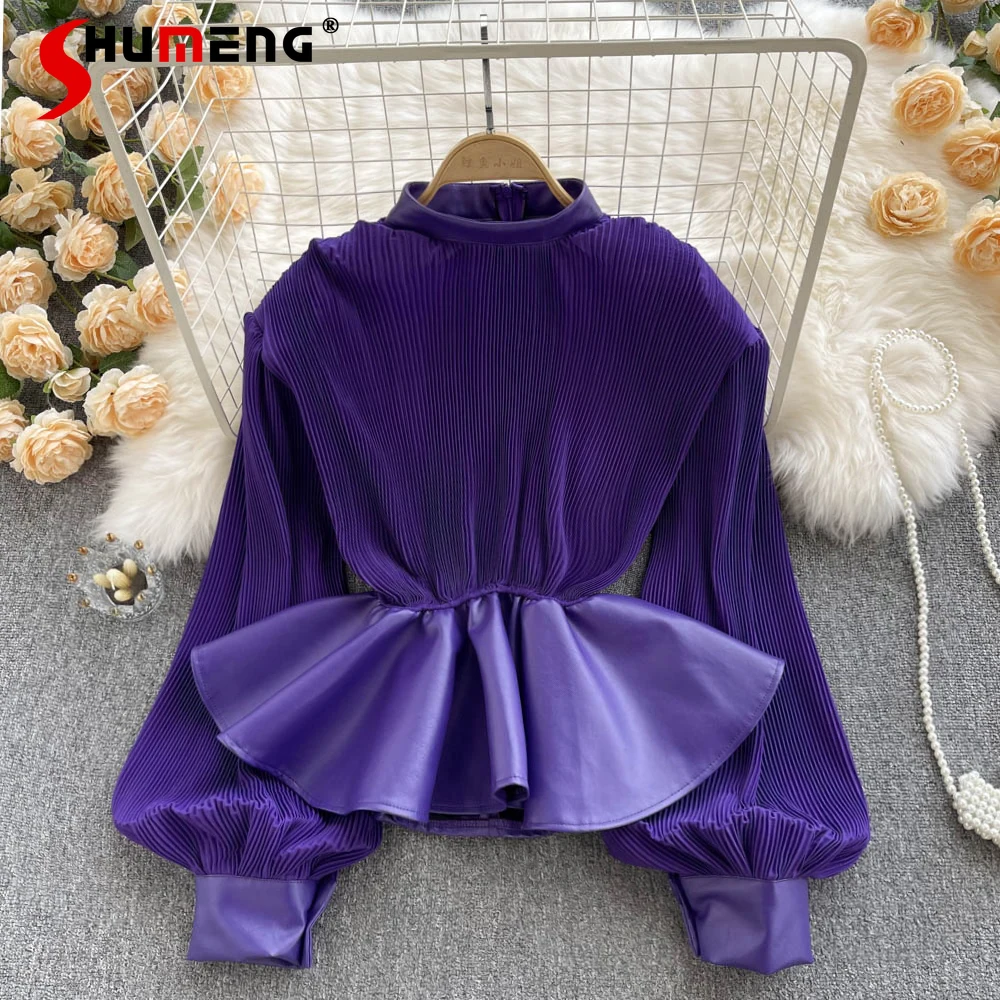 

Chic Lace-up Waisted Long-Sleeved Shirt Women 2022 Spring New Stand Collar Versatile Leather Patchwork Purple Blouse Crop Top
