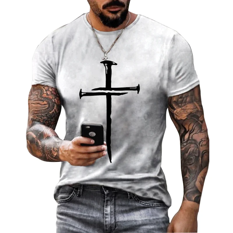 

T-shirts For Men Cross Graphic Jesus Christ 3d Print Men's Tshirt Retro Classic Short-sleeved Loose Personality Oversized Tops