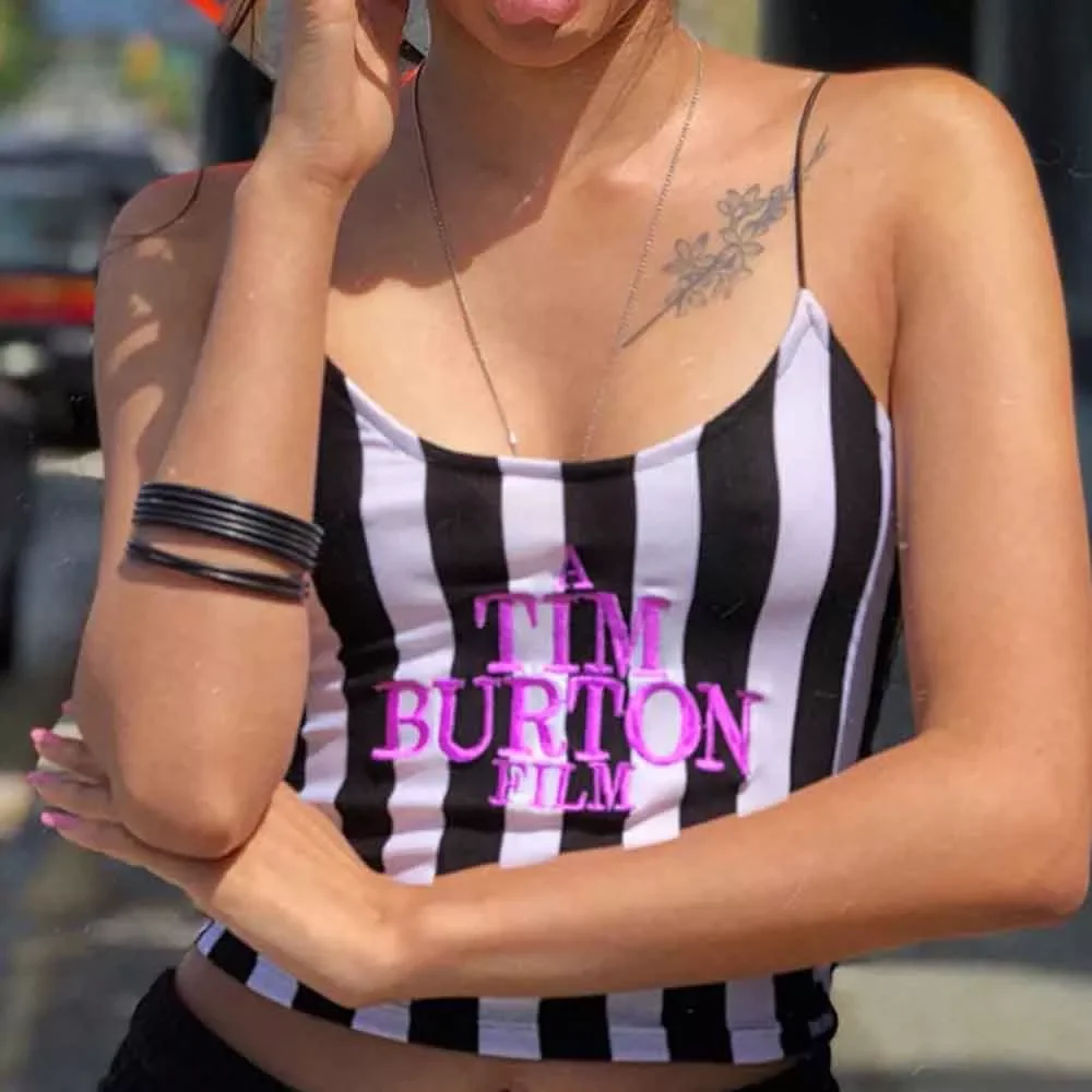 

Letter Embroidery Camis Women Sexy Crop Top 2021 Summer Sleeveless Skinny Camisole Y2K Black White Stripe Vests Tee