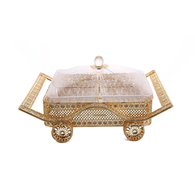 Hollow Metal Pattern Decoration Dried Fruit Tray Four Segmented Organizer Plate with Roller Fashion Home Decorations