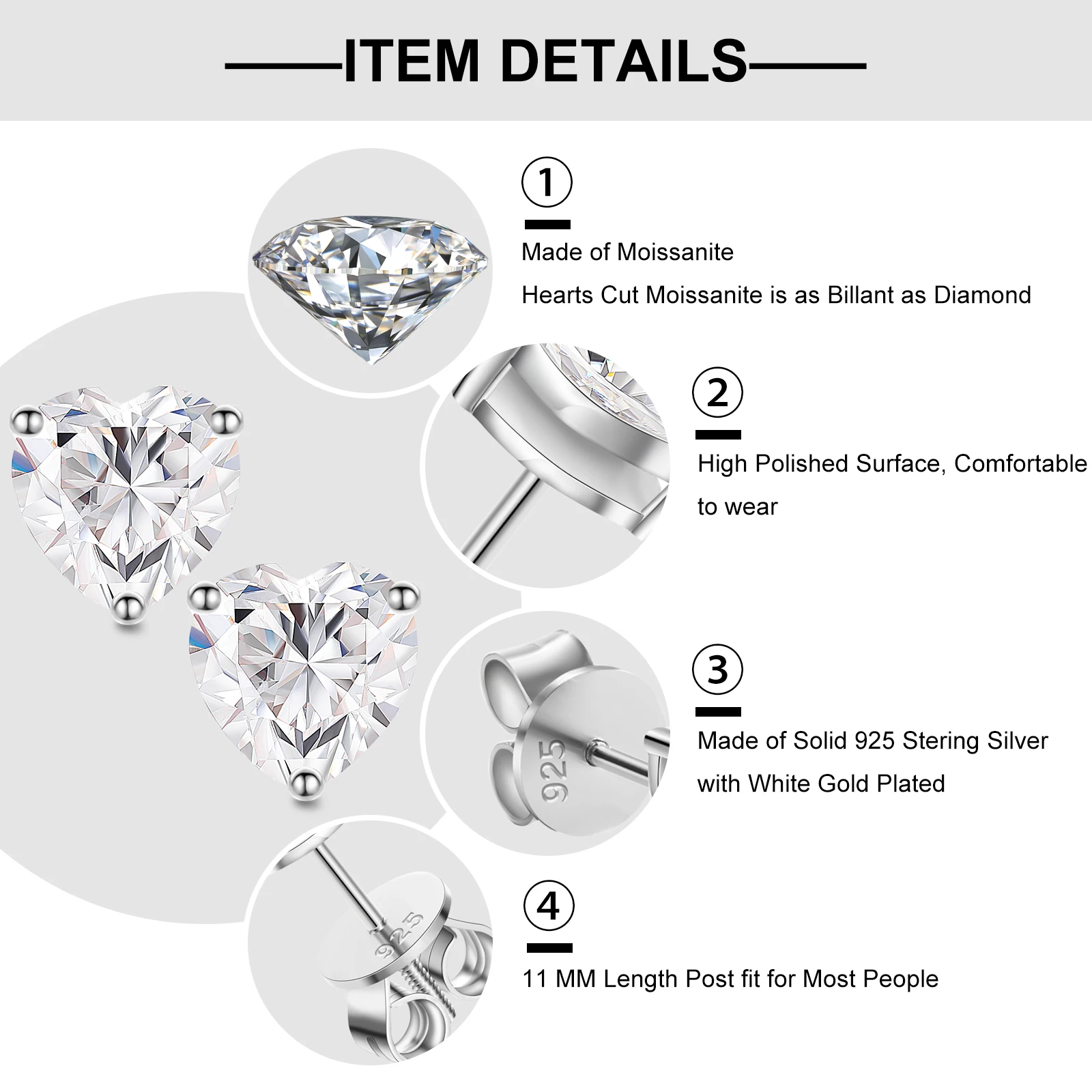 Фото Test Passed GRA Heart Cut Moissanite Stud Earrings for Men Women 925 Sterling Silver Ear Studs Fine Party Wedding Jewelry Gifts №5