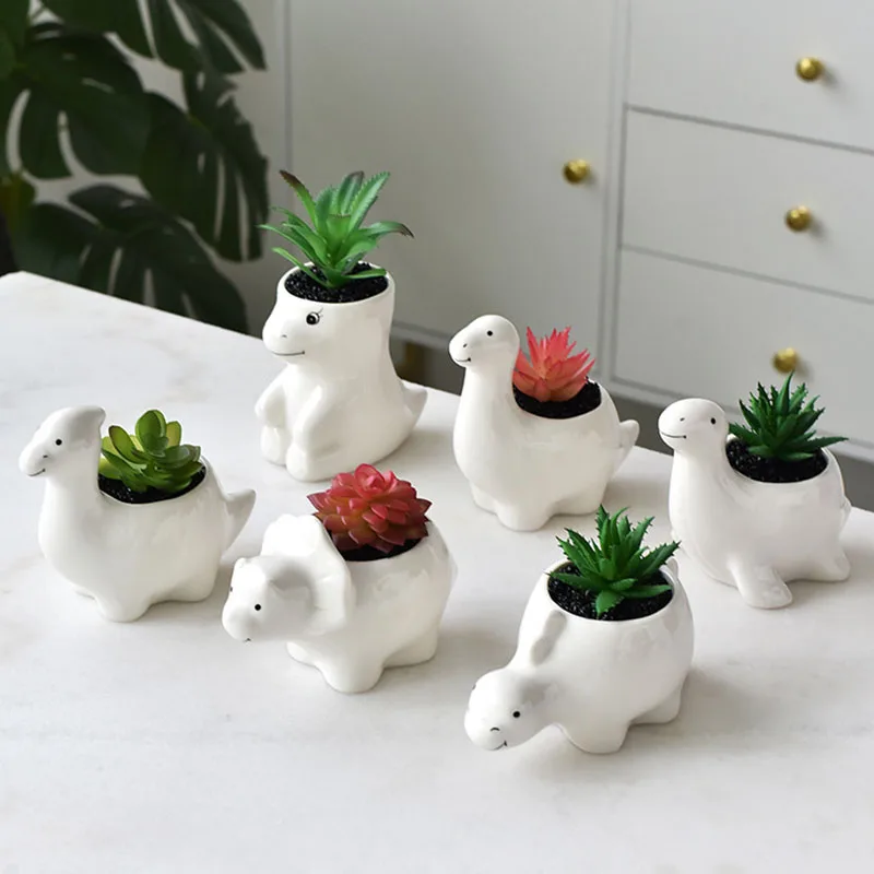 Cartoon Animal Dinosaur Ornament Home Office Desktop Decor Bonsai Planter Crafts White Porcelain Succulent Flowerpot Personality