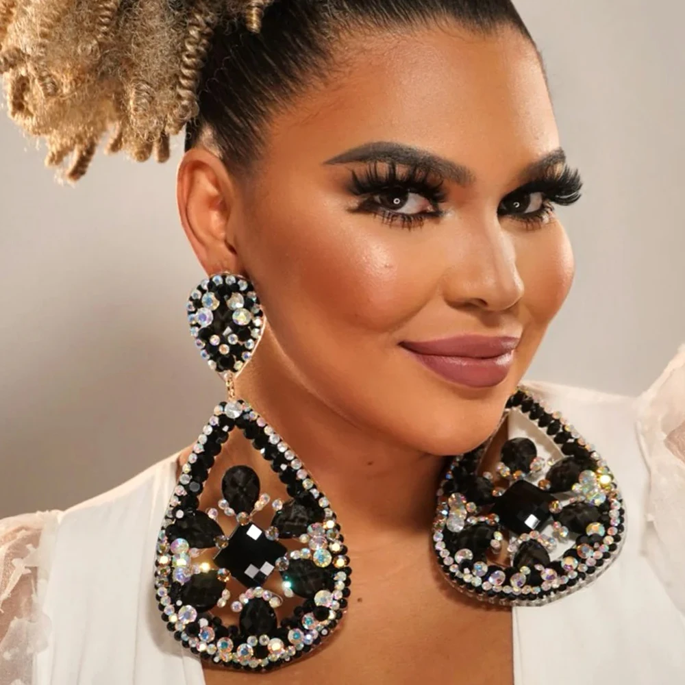 Черные Хрустальные крупные висячие серьги в форме капли воды Свадебные