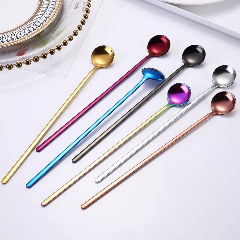

2023NEW 7Colors Stainless Steel Spoon With Long Handle Round Shape Spoons Milk Mixing Stirring Spoon Teaspoon Tableware Accessor