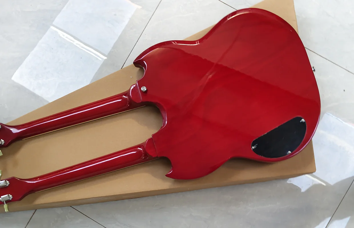 Красная двуглавая электрогитара корпус из цельного красного дерева гриф