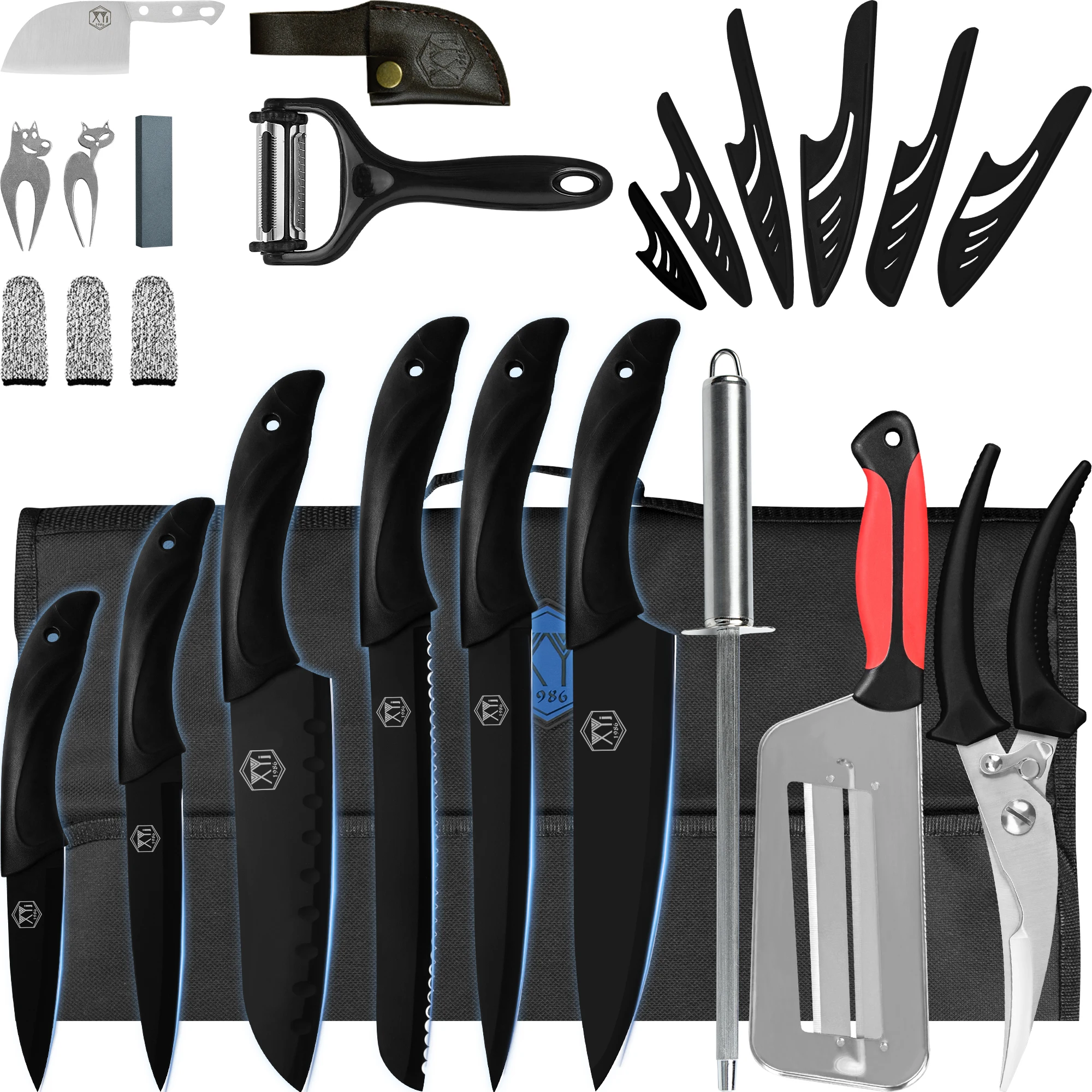 

XYj 6PCS Black Knives Set With Kitchen Utensils Sharpening Tool Scissors Peeler Roll Bag Professional Chef Knife Kit Gift Packed