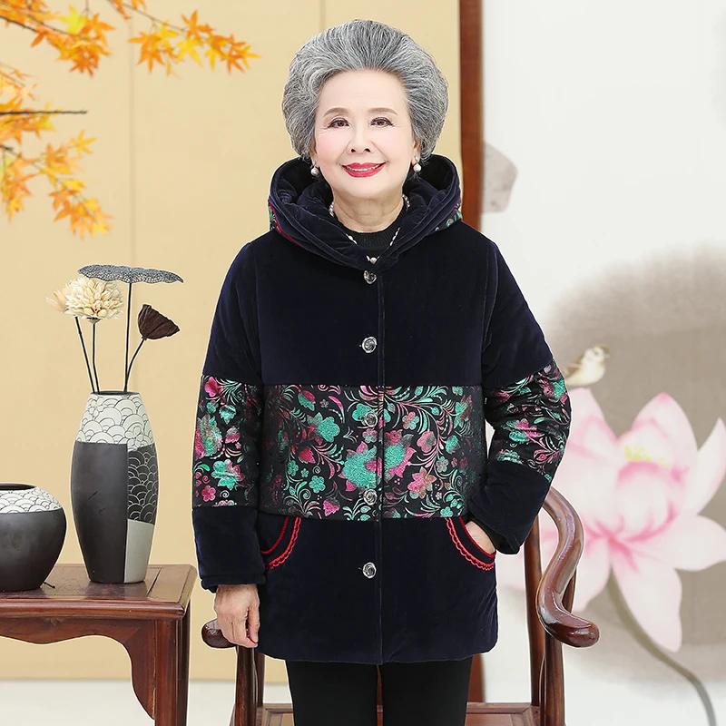 Winter Thicken Middle Aged Elderly Women Coat Hooded Fleece Grandma Cotton Jacket Warm Mid-Long Mother Parka XL-5XL
