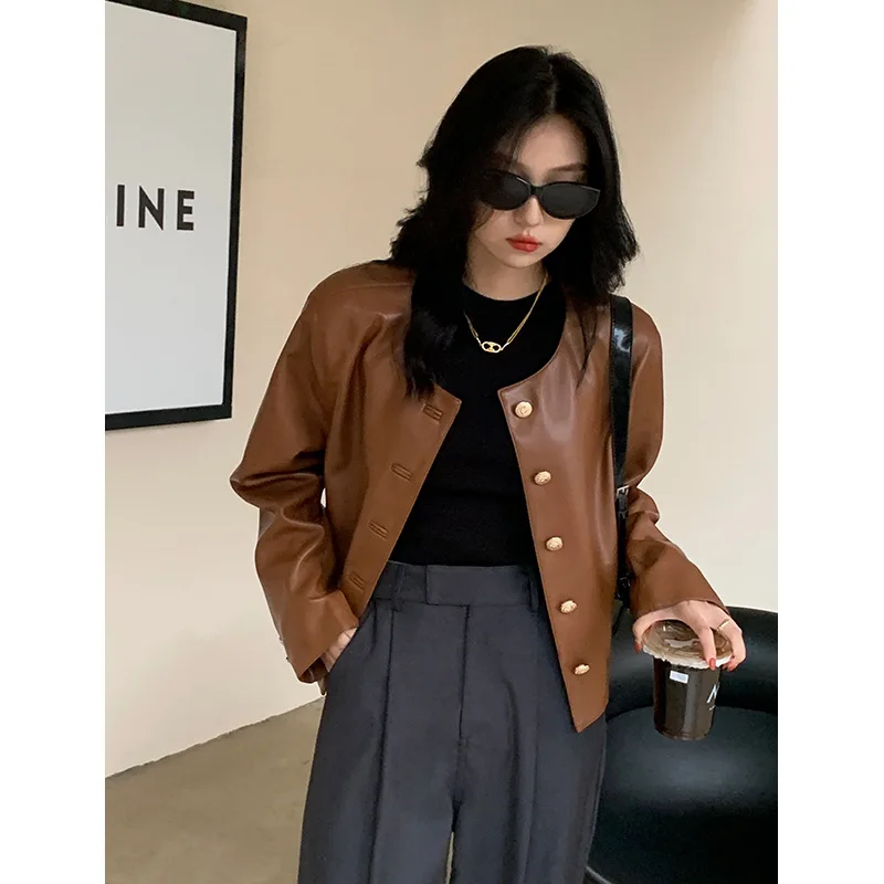 Leather Jacket Short Coat Women's Autumn Coat New Coffee Color Round Collar Button Profile Loose Casual Pu Leather Jacket