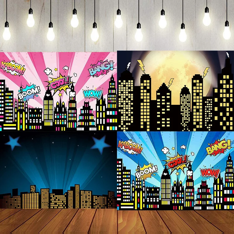 

Super Cityscape City Yellow Skyline Bat Theme Photography Backdrop Kids Boys Birthday Background Baby Shower Decor Party Banner