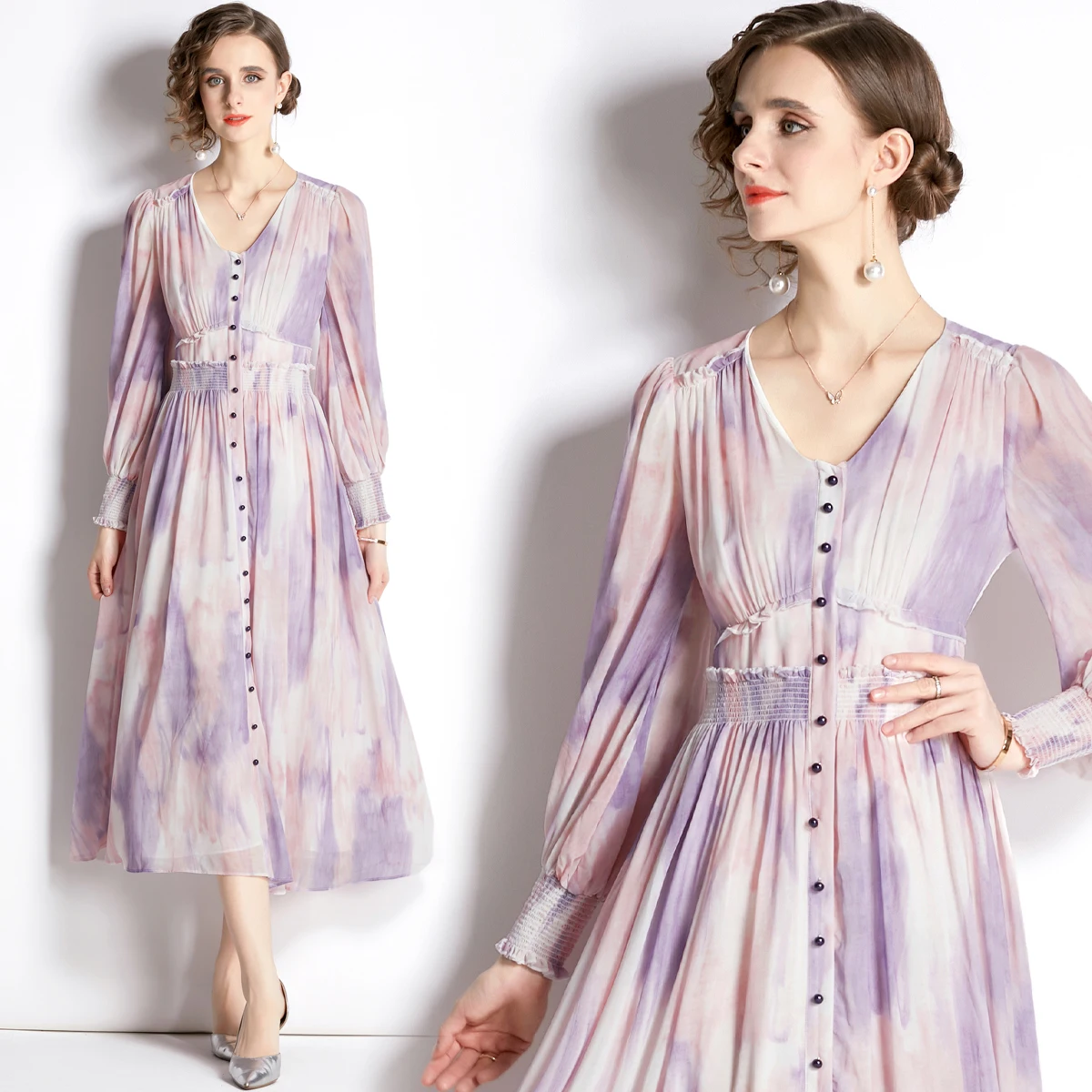

Chiffon Dress Women's Long Sleeve Printed Tea Break Skirt Dress HL6193099