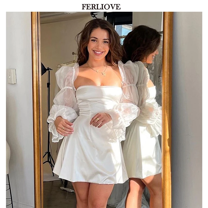 

Ferliove Long Sleeve Bodycon Dress Women Puff Sleeve Party Dress 2022 Ladies Autumn Mini Dress Robes