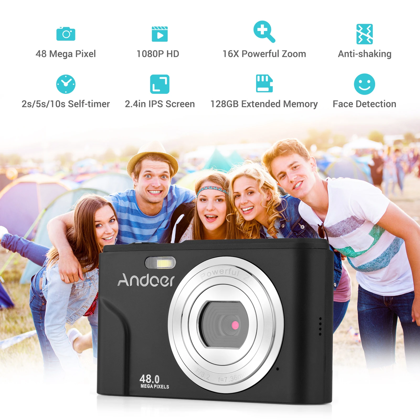 

Andoer Digital Camera 48MP 1080P 2.4-inch IPS Screen 16X Zoom Auto Focus Self-Timer Face Detection Anti-shaking