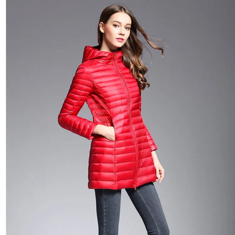 Women's Long Down Jacket Autumn Winter Fashion Light Midi Long Hooded White Duck Down Jacket Korean Style Windbreaker Down Coats
