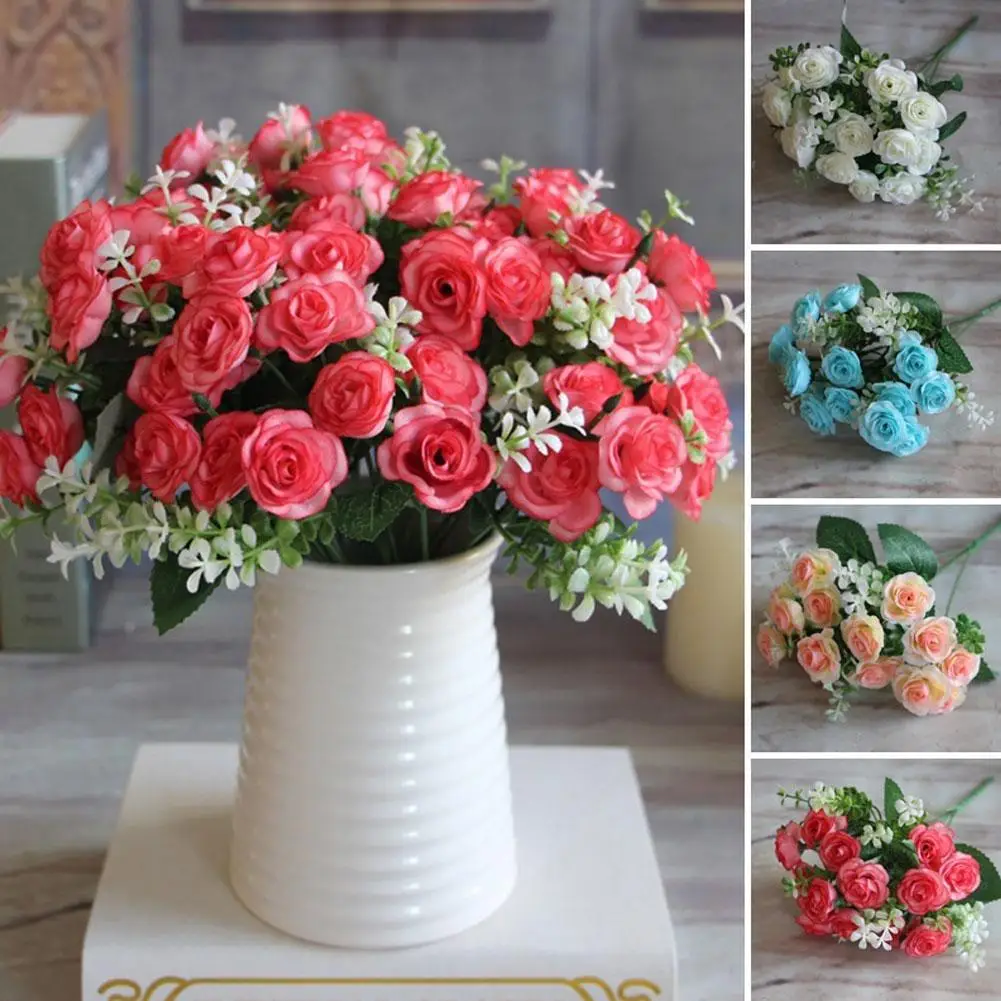

15 Heads Rose Pink Silk Artificial Roses Flowers Wedding Home Autumn Decoration High Quality Big Bouquet Luxury Fake Flower