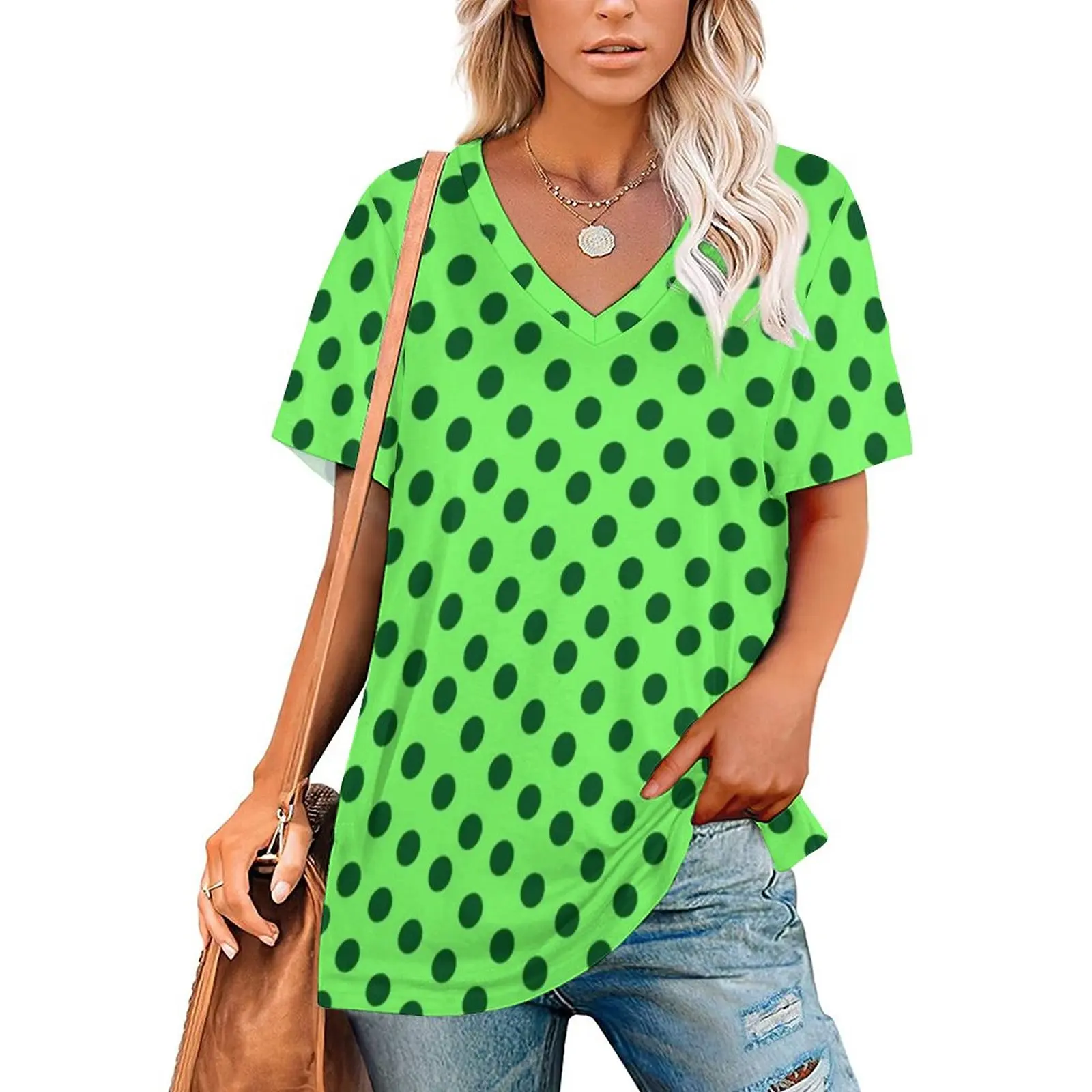 

Mint Polka Dots T-Shirt Retro Circles Print Funny V Neck T Shirts Short-Sleeve Casual Tshirt Summer Custom Tops Big Size 3XL 4XL