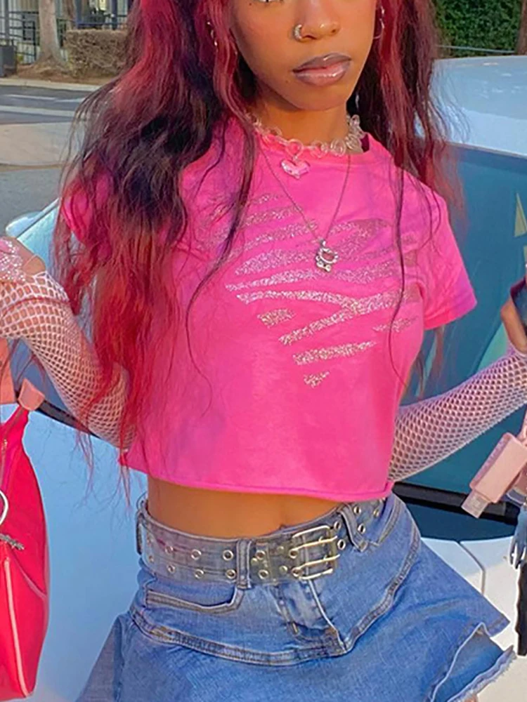 

Goth Dark Pink Pastel Gothic Heart Print Cute T-shirts 2000s Aesthetic Short Sleeve Baby Tee Women Harajuku Streetwear Crop Tops