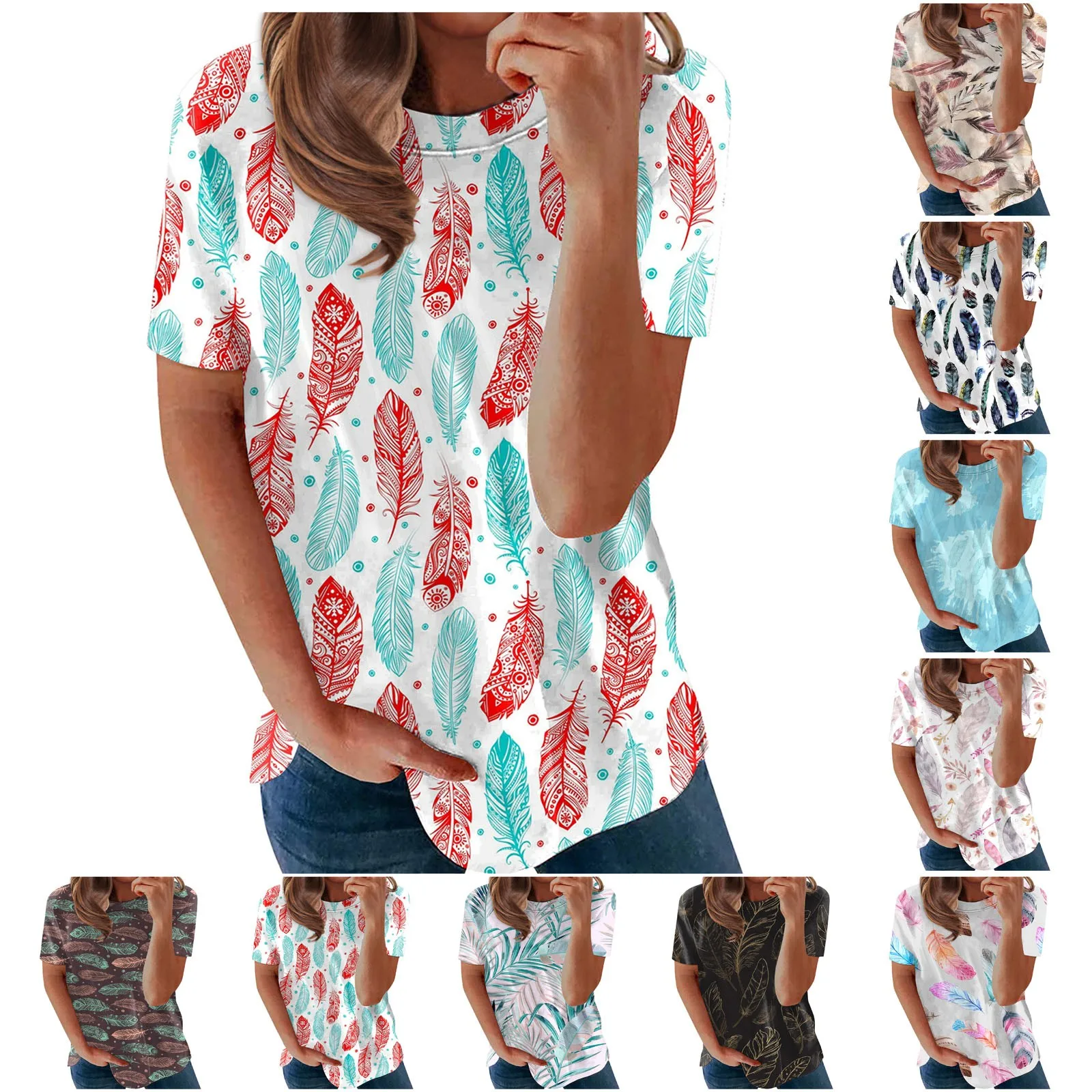 

Женская футболка с коротким рукавом, топ с принтом в виде перьев, Модный повседневный топ с круглым вырезом, топы без рукавов для женщин, 2 предмета одежды