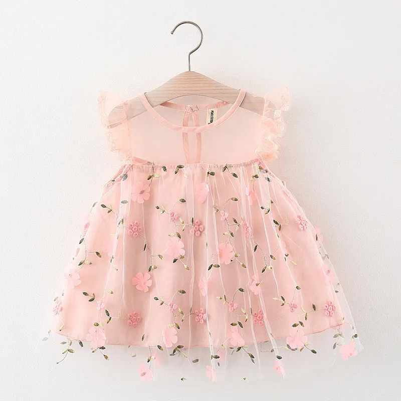 

Детские сетчатые платья принцессы для девочек летающие рукава трехмерная вышивка Цветочное платье летняя детская одежда