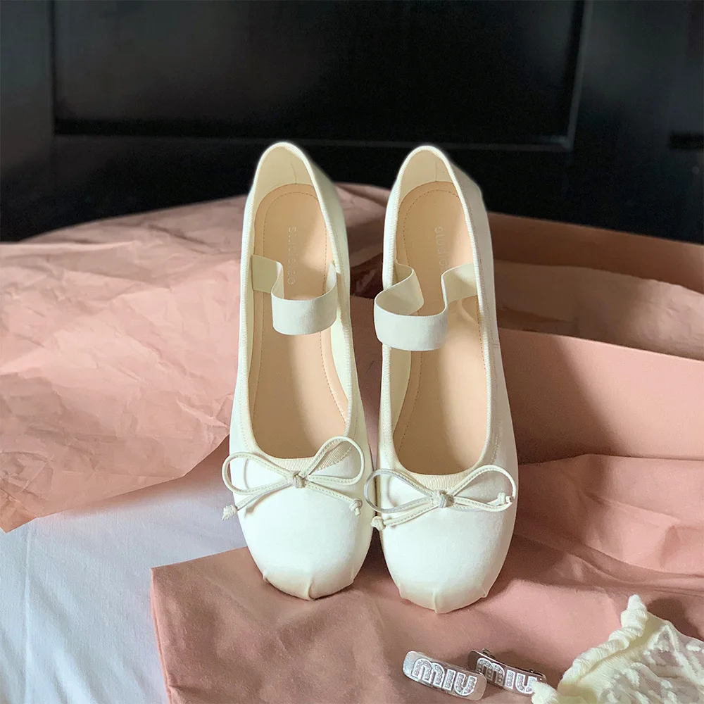 French Rretro Bow Shoes for Ballet Flats French Ballerina ballet Flats women's soft Satin Silk shallow cross straps Belt Elastic
