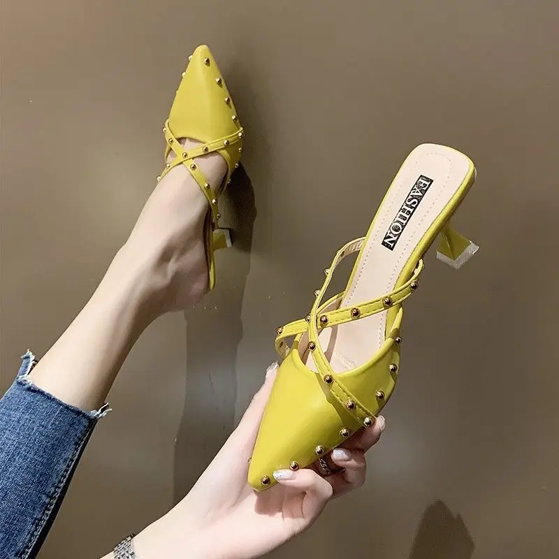 

Rivet Pointed Toe Women Sandals High Heel Mules Stiletto Toe Slippers Rivet Cross Strap Female Sandals 2022 New Zapatos De Mujer