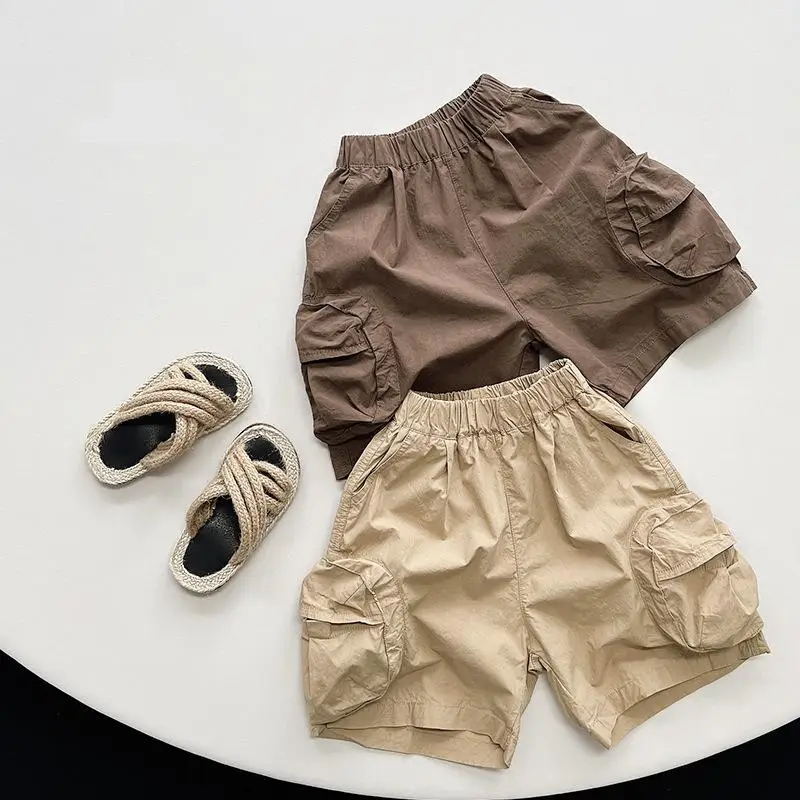 

2023 Summer New Children Cute Big Pocket Shorts For Boys Girls Loose Cotton Shorts Kids Vintage Cargo Pants Baby Clothes