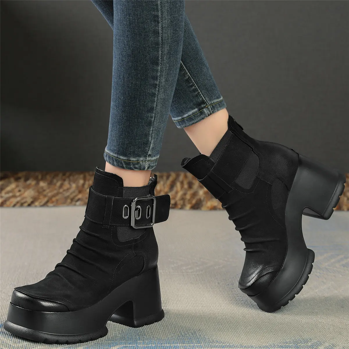 

Platform Pumps Shoes Women Genuine Leather Super High Heels Snow Boots Female Winter Square Toe Fashion Sneakers Casual Shoes