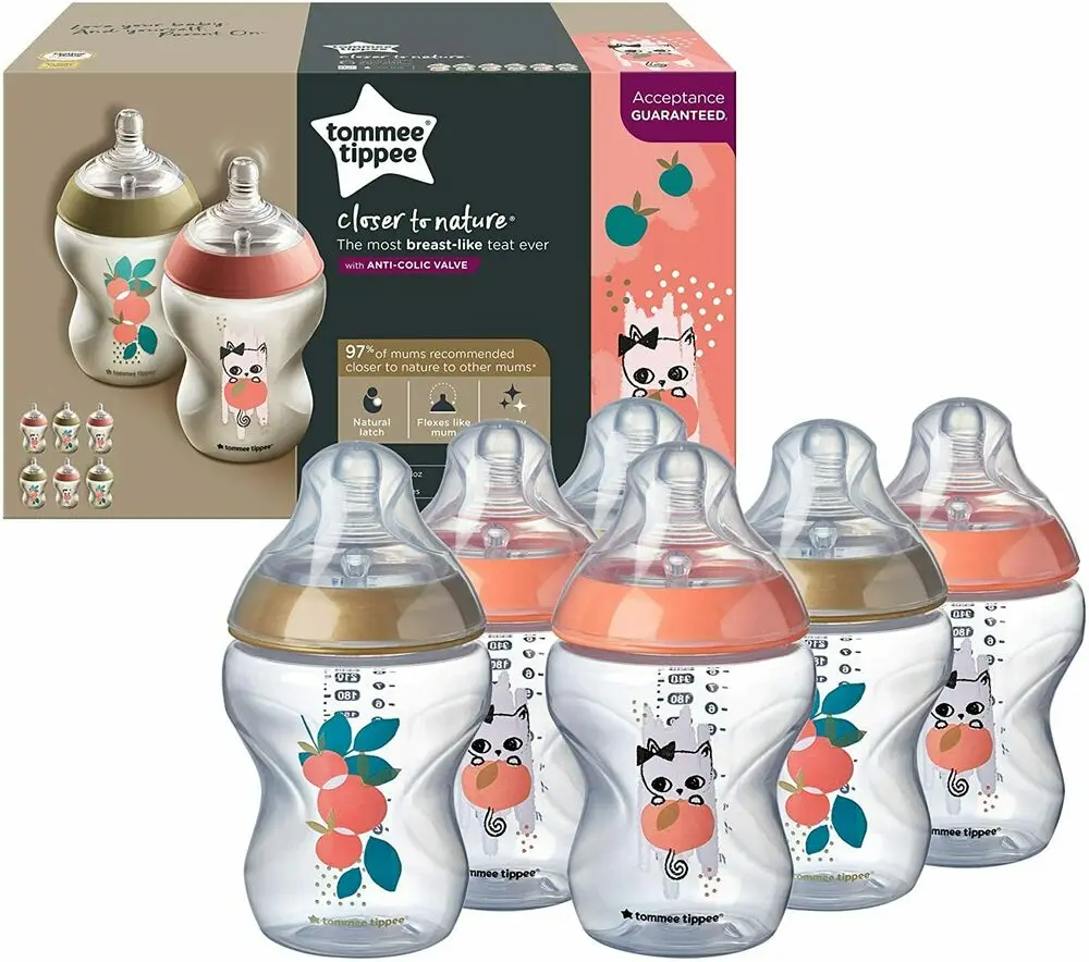 

6 Pack Tommee Tippee 260 ml Closer to Nature Baby Bottles Cat Design