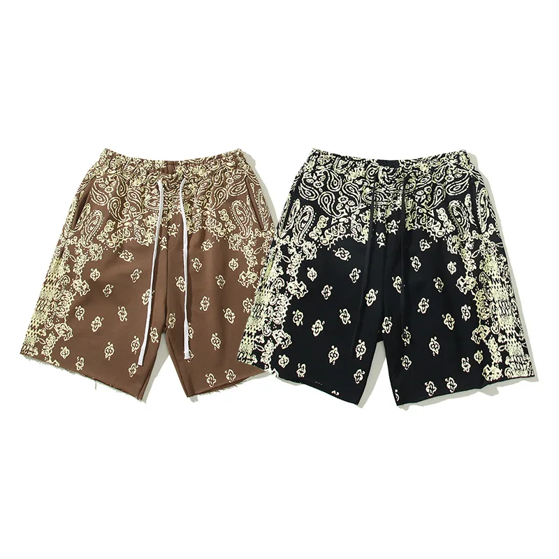 2023 Kanye West high street style cashew fruit flower loose shorts men and women retro sports shorts hip-hop five-part pants