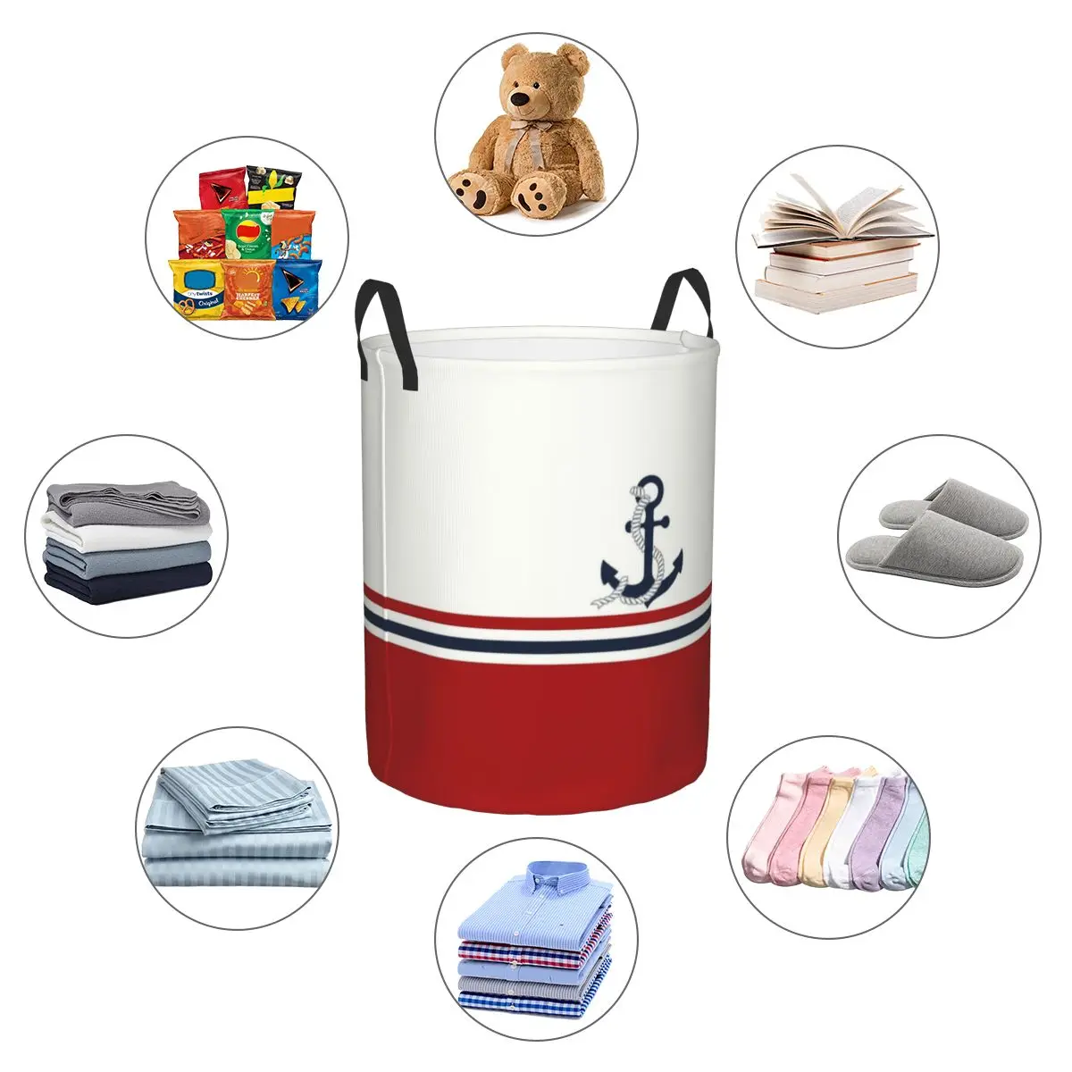 Корзина для белья на заказ с морским якорем в темно-синюю полоску складная