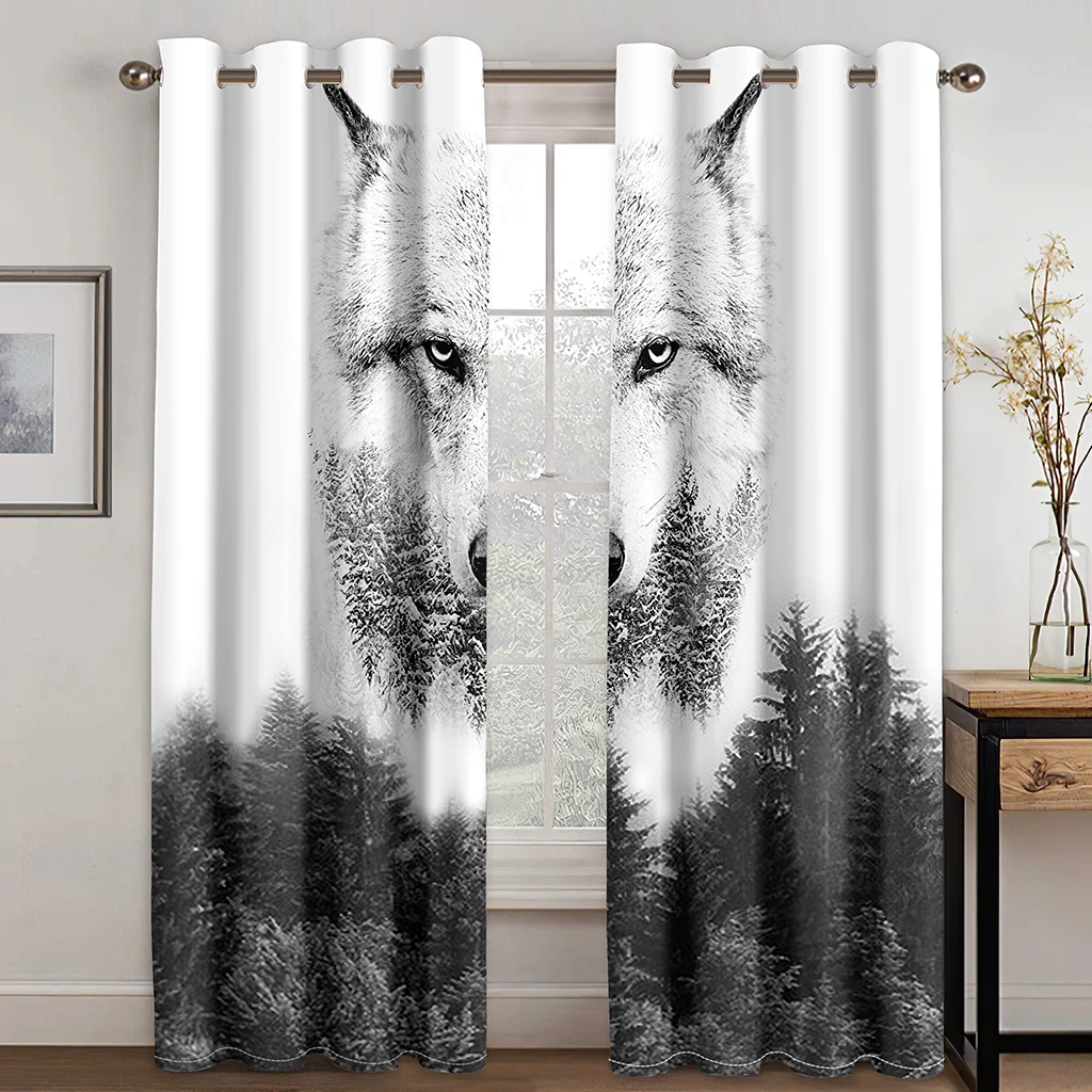 

Mr. Wolf Curtains for Living Room Luxury 3D Decorative Curtain Bedroom Grommet Top Cheap Window Drapes Room Decor Item 2PC White