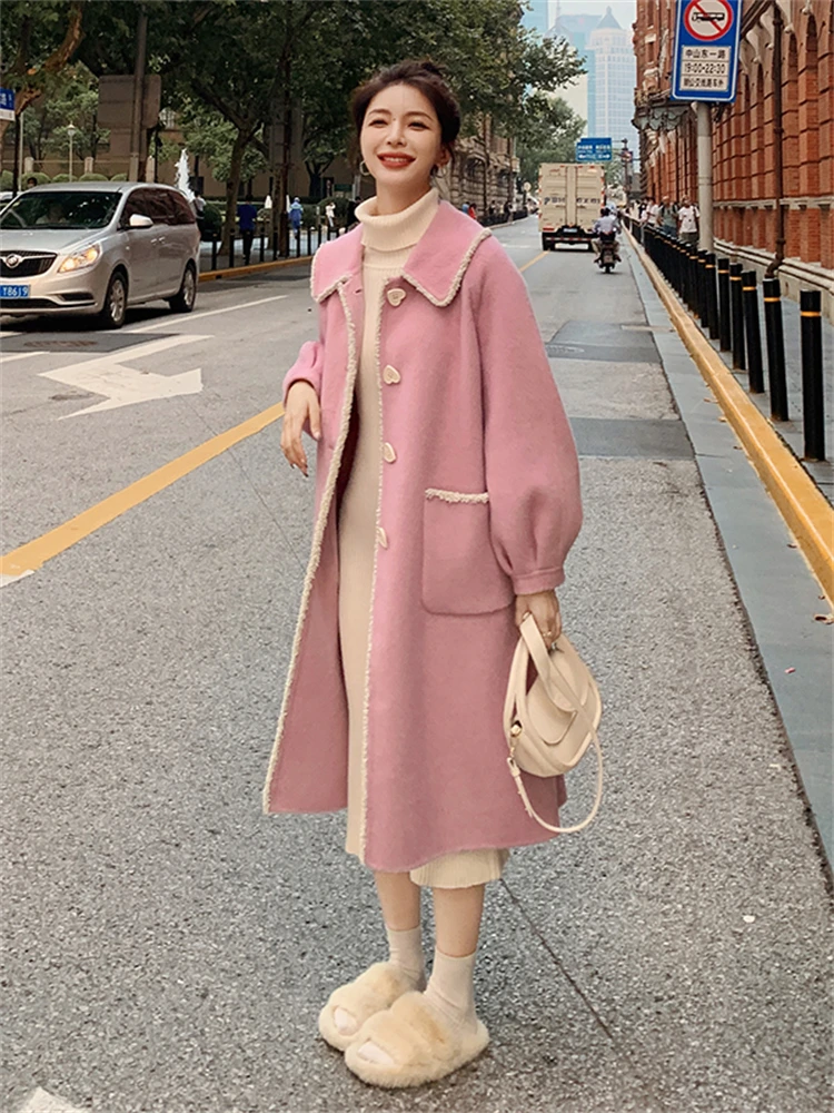Женское шерстяное пальто элегантное свободное однобортное длинное розового