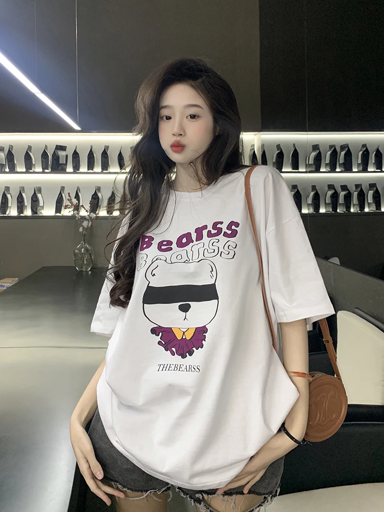 

American Street Cotton Vintage Cartoon T-shirt White Letters Bear Short Sleeve Top Summer New Ins Tees
