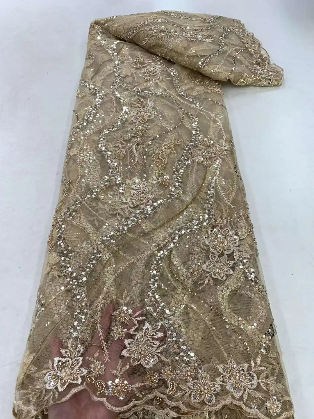 

High Quality Lace Fabric Stacked Sequin Embroidery French Tulle Mesh Design Sewing Wedding Dress Party Skirt 5 Yards Wholesale