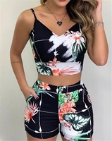 casual v neck sleeveless floral print yellow top and shorts set summer wear two pieces suit