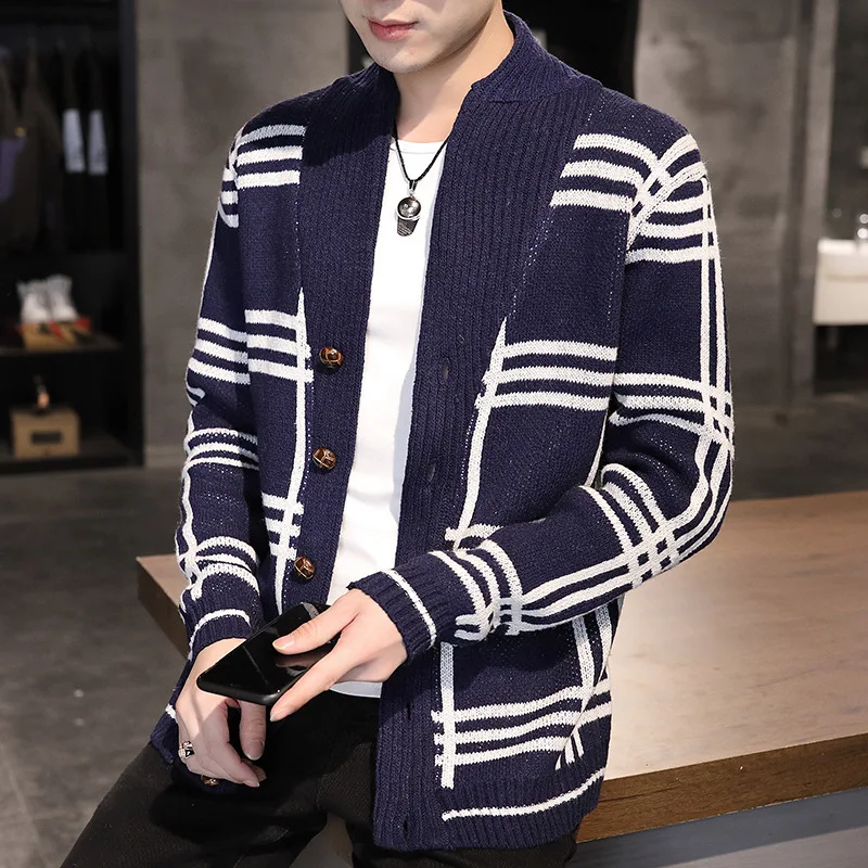 2022 Autumn and Winter New Fashion and Handsome Color Matching Striped Knitted Sweater Men's Personality Casual Cardigan Coat