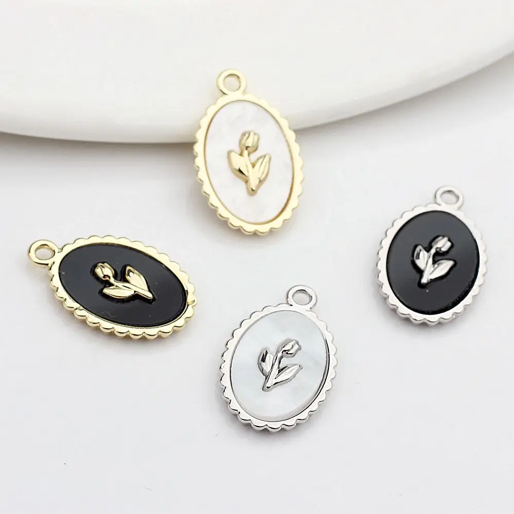 

Zinc Alloy Enamel Black White Oval Flower Charms Pendant 6pcs/lot For DIY Fashion Necklace Jewelry Making finding Accessories