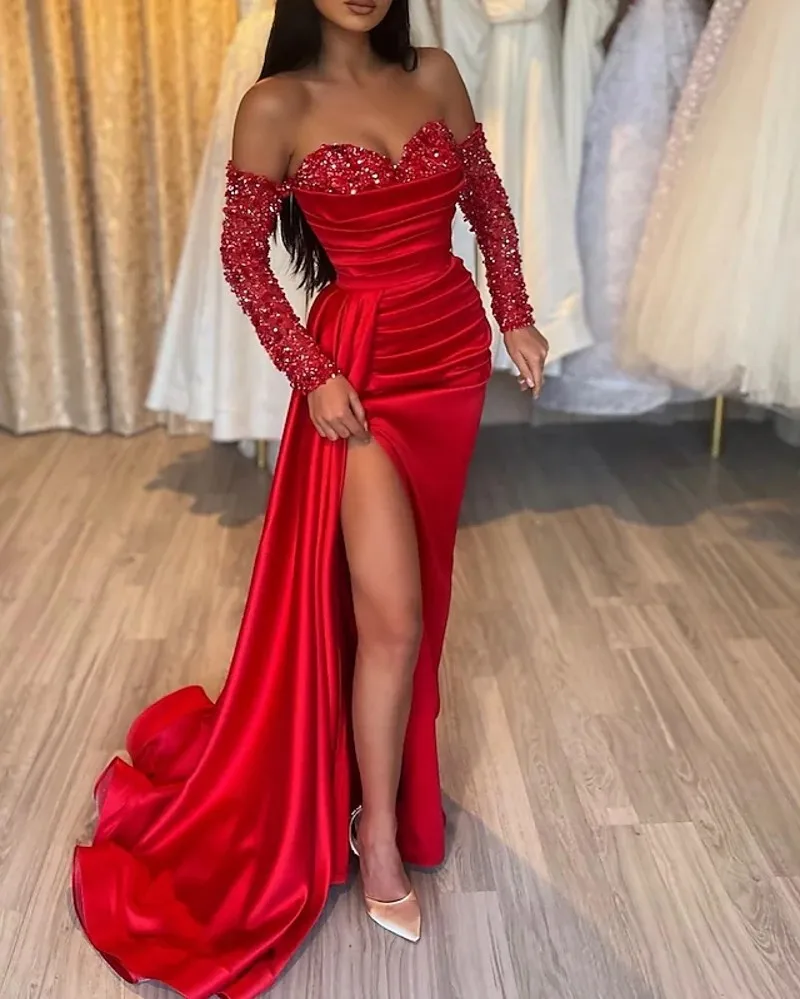 

Sparkle Red Evening Formal Dress Long Sleeve Off Shoulder Sequin Slit Satin Women Prom Party Gowns Abiye Robe De Soiree