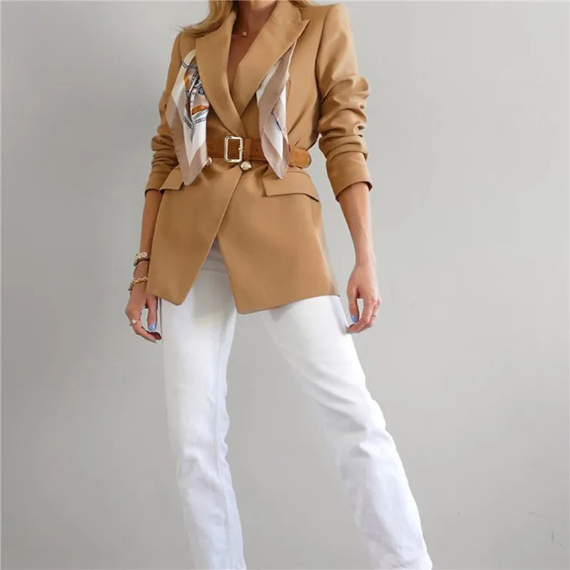 F2022 Female Suit Jacket Solid Color Tailored Collar Long Sleeve Greatcoat with Waistband for Women office lady Khaki/Black/Blue