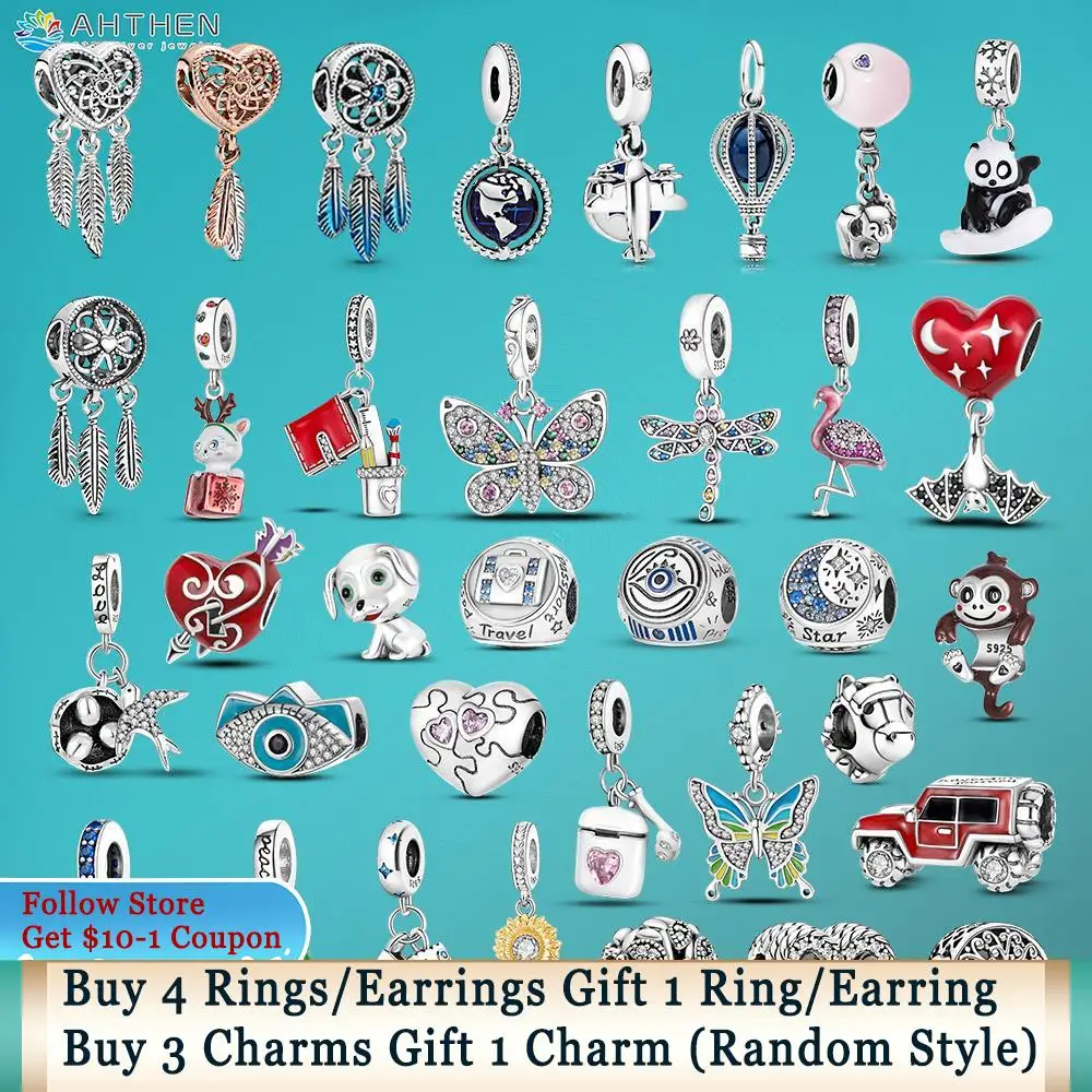 

2022 925 Sterling Silver Heart Feathers Dreamcatcher Traditional Rickshaw Charms fit Original Pandora Bracelets or Necklaces