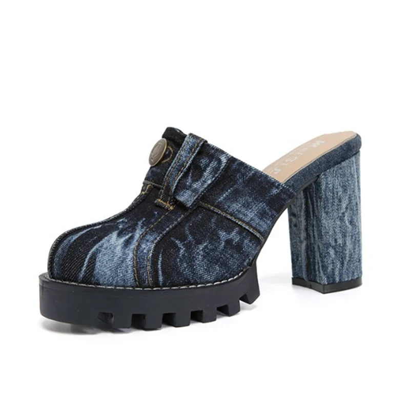 

Summer New Denim Style Thick High Heels Shoes For Women Round Head Wear Outside Muller Pumps Platform Slippers Zapatos De Mujer