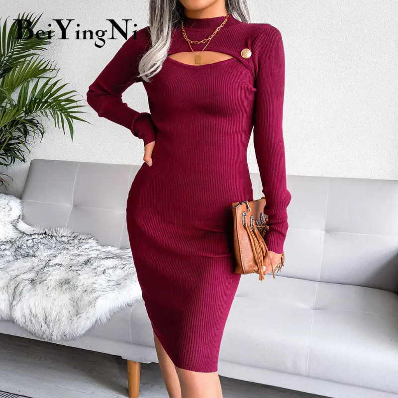 

Beiyingni Sexy Women's Dresses Hollow Out Long Sleeve Bodycon Knitting Female Dress Autumn Winter Elegant Party Midi Vestidos