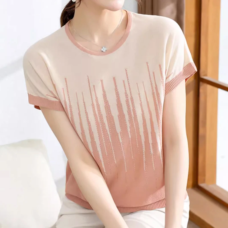 

Элегантная Свободная блузка с принтом, Простая рубашка из вискозы, женский летний вязаный пуловер с коротким рукавом, топы, повседневная одежда с круглым вырезом, блузы 27043