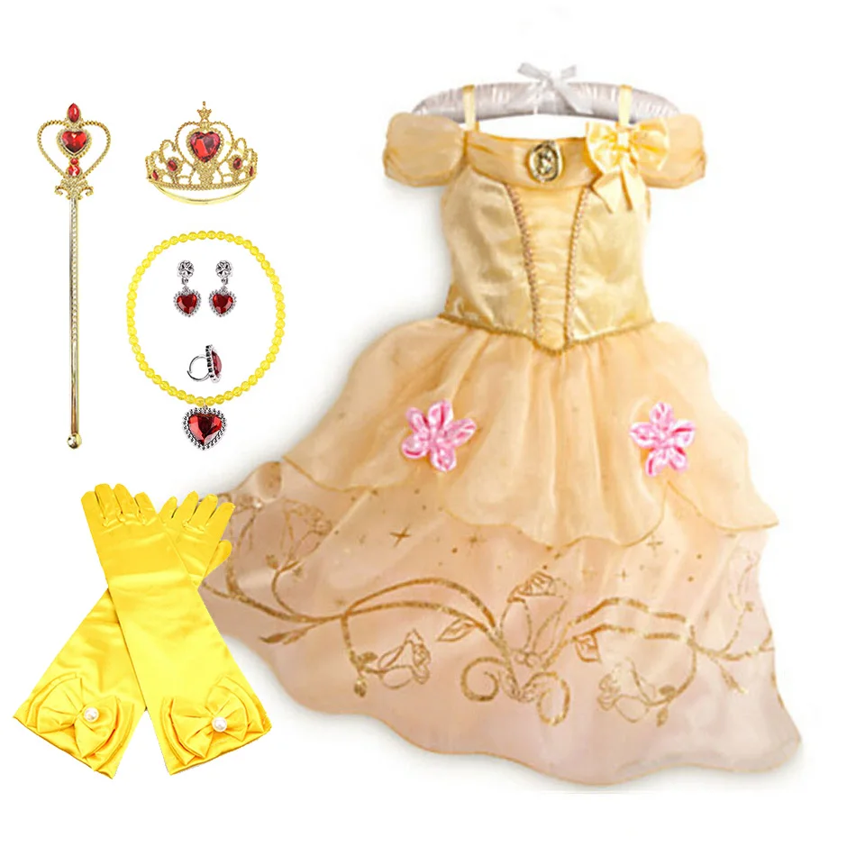 

Девочки красота и с рисунком из мультфильма «Красавица и Чудовище» костюм дети Belle Платье летнее платье-комбинация платье принцессы для Хэл...