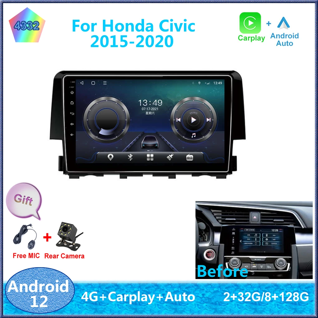 

9" For Honda Civic 2015-2020 Android 12 Carplay 8-Cores 4G Sim WiFi DSP RDS Car Radio Stereo Multimedia Player Auto GPS