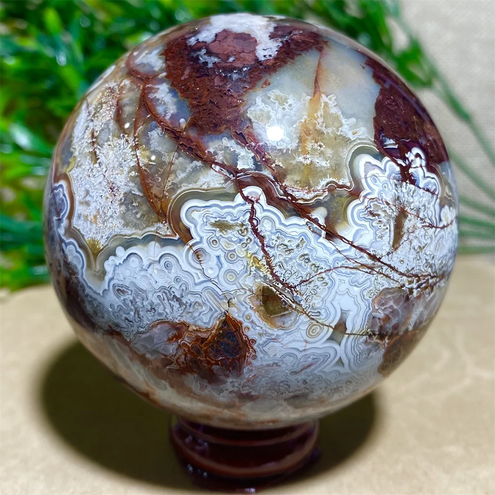

Mexican Agate Crystal Quartz Natural Stone Sphere Reiki Energy Wichcraft Minerals Handwork Ball House Decoration Home +Stand