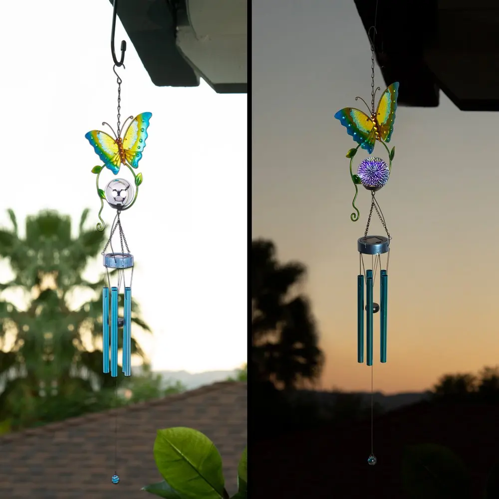 

48" Hanging Outdoor Butterfly Metal Wind Chime, Solar-Powered LED, Blue